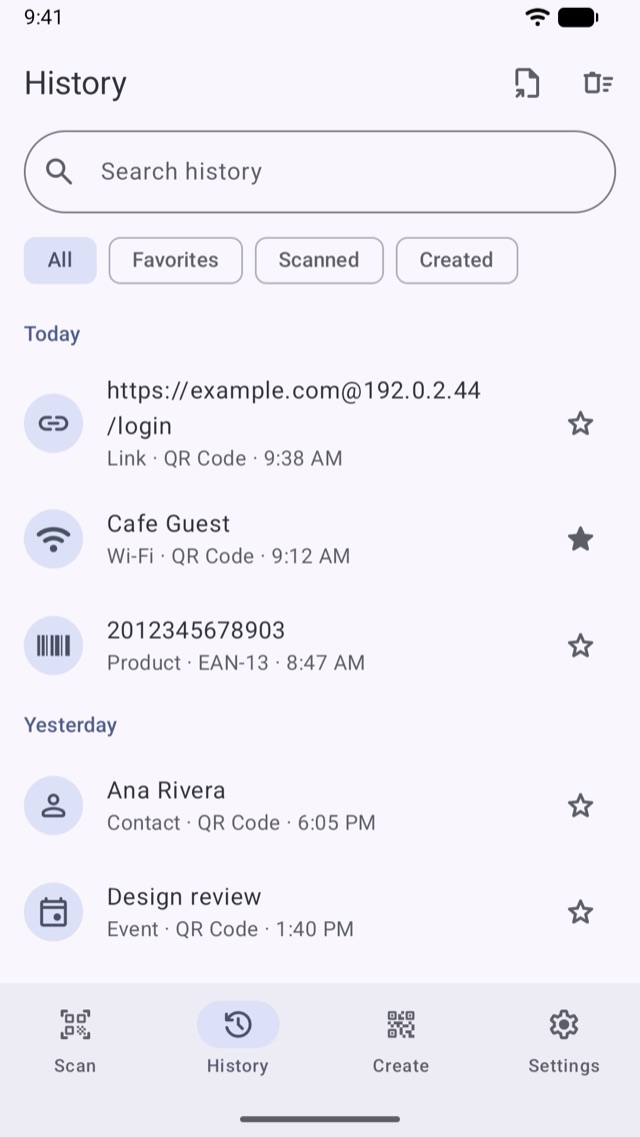 The history, with search and filters