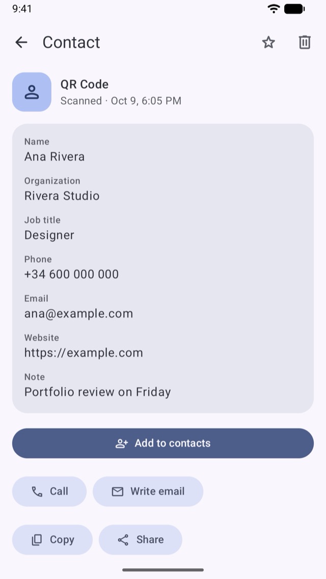 A contact card from a code